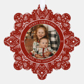 Sneeuwvlok Kerst Rood Ronde Foto Ornament Kaart (Achterkant)