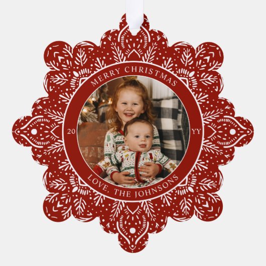 Sneeuwvlok Kerst Rood Ronde Foto Ornament Kaart (Achterkant)