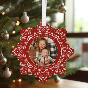 Sneeuwvlok Kerst Rood Ronde Foto Ornament Kaart