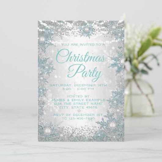 Sneeuwvlok Kerstfeest Uitnodigingen in Tealblauw (Staand voorkant)