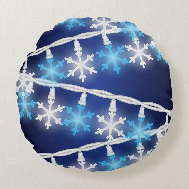 Sneeuwvlok Lichtjes Rond Kussen (Voorkant)