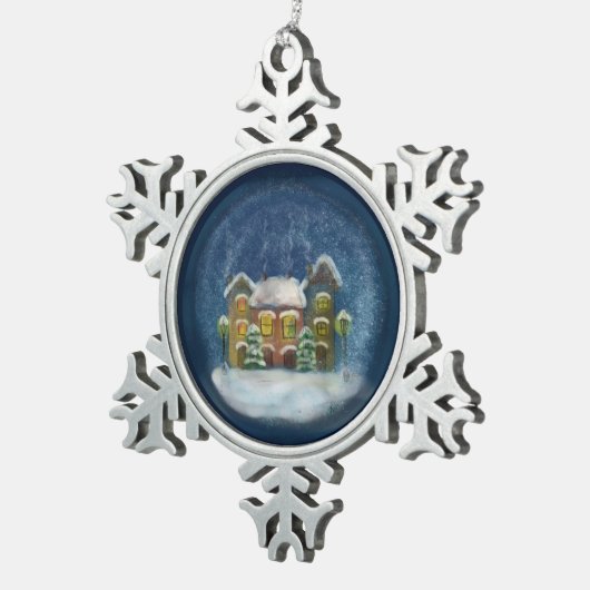 Sneeuwvlok met kerstdorp tin sneeuwvlok ornament (Rechts)