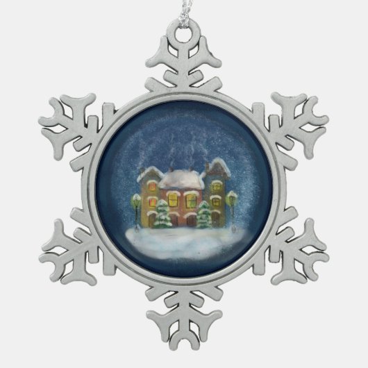 Sneeuwvlok met kerstdorp tin sneeuwvlok ornament (Voorkant)