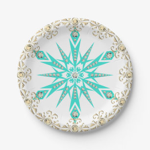 Sneeuwvlok mid century turquoise witte diamant papieren bordje