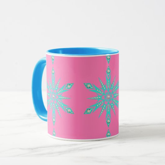 Sneeuwvlok midden eeuw turquoise roze  mok (Voorkant links)