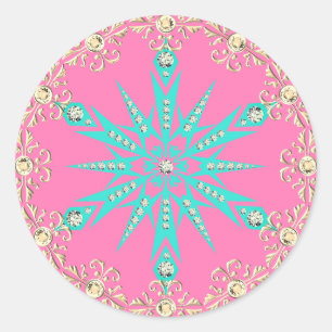 Sneeuwvlok midden eeuw turquoise roze ronde sticker