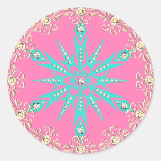 Sneeuwvlok midden eeuw turquoise roze  ronde sticker (Voorkant)