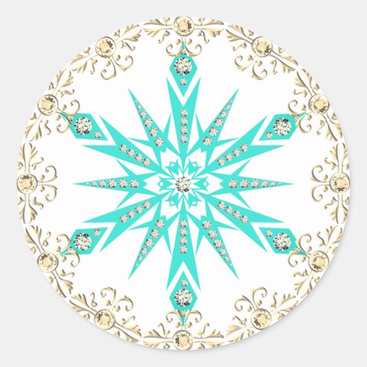 Sneeuwvlok midden eeuw turquoise witte diamant ronde sticker (Voorkant)