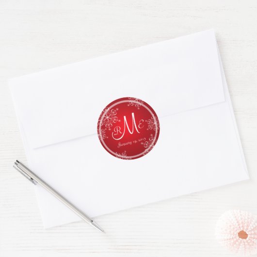 Sneeuwvlok Monogram Bruiloft Ronde Sticker (Envelop)