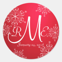 Sneeuwvlok Monogram Bruiloft Rood 2 Ronde Sticker