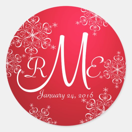 Sneeuwvlok Monogram Bruiloft Rood 2 Ronde Sticker (Voorkant)