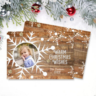 Sneeuwvlok Overlay op Houten Kerstmis Fotokaart Feestdagenkaart