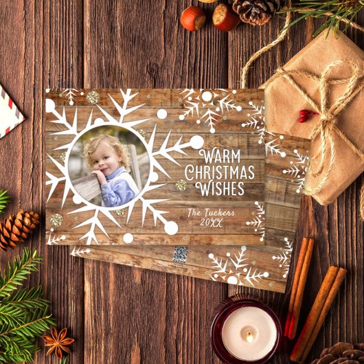 Sneeuwvlok Overlay op Houten Kerstmis Fotokaart Feestdagenkaart