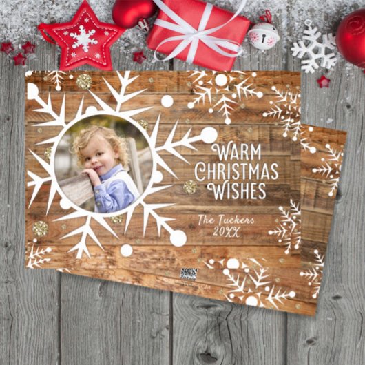 Sneeuwvlok Overlay op Houten Kerstmis Fotokaart Feestdagenkaart