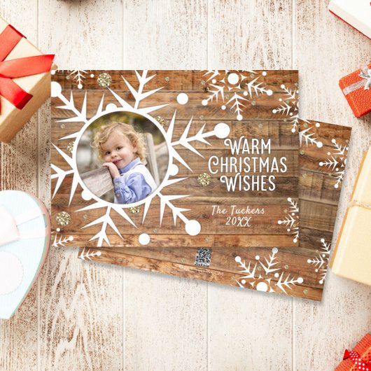 Sneeuwvlok Overlay op Houten Kerstmis Fotokaart Feestdagenkaart