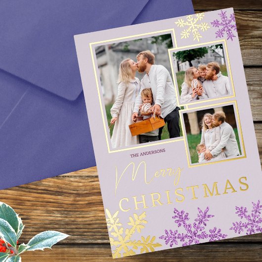 Sneeuwvlok Paarse Glam 3 Fotocollage Goud Folie Feestdagenkaart