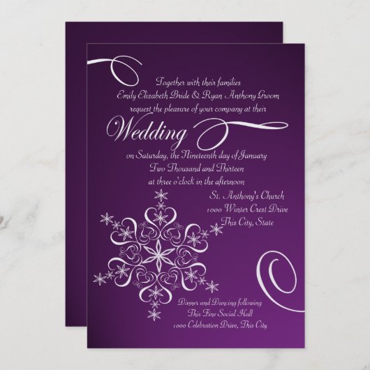 Sneeuwvlok Paarse Winterbruiloft Kaart (Voorkant / Achterkant)