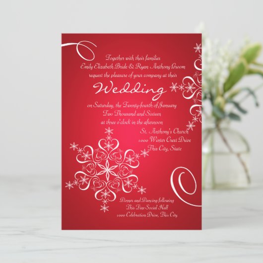 Sneeuwvlok rood 2 winter bruiloft kaart (Staand voorkant)