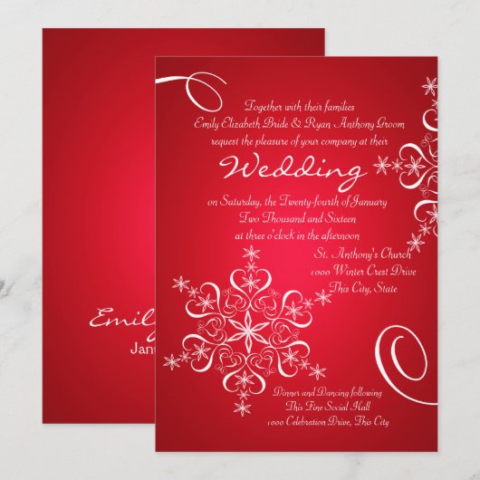 Sneeuwvlok rood 2 winter bruiloft kaart (Voorkant / Achterkant)