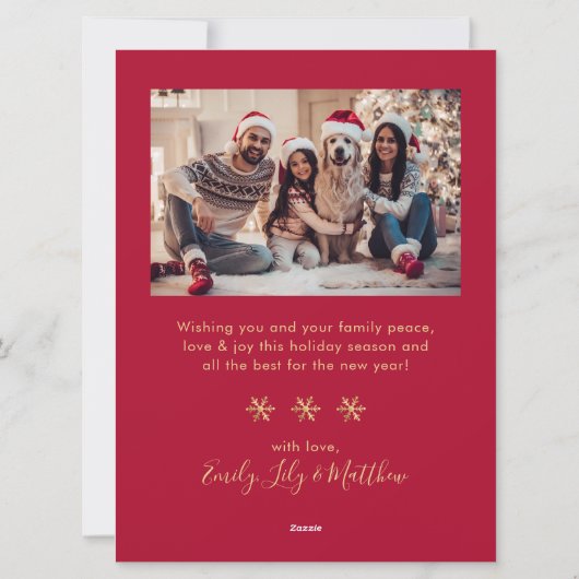 Sneeuwvlok Rood en Goud 4 Foto Collage Kerstmis Feestdagenkaart (Achterkant)