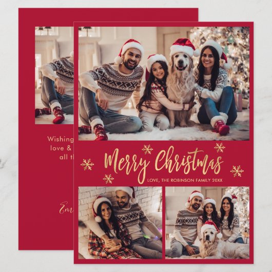 Sneeuwvlok Rood en Goud 4 Foto Collage Kerstmis Feestdagenkaart (Voorkant / Achterkant)