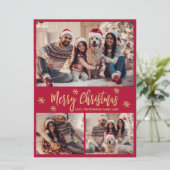 Sneeuwvlok Rood en Goud 4 Foto Collage Kerstmis Feestdagenkaart (Staand voorkant)