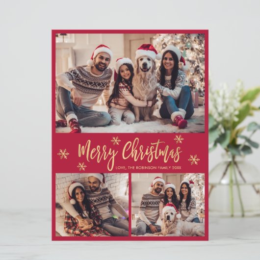 Sneeuwvlok Rood en Goud 4 Foto Collage Kerstmis Feestdagenkaart (Staand voorkant)