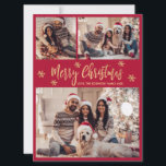 Sneeuwvlok Rood en Goud 4 Foto Collage Kerstmis Feestdagenkaart<br><div class="desc">Moderne Eenvoudige Elegante Kalligrafie Rood en Goud Sneeuwvlok 4 Fotocollage Vrolijk Kerstscript Vakantie Kaart. Deze feestelijke, minimalistische, vier (4) foto vakantie wenskaart sjabloon is voorzien van een grid foto collage, wat sneeuwvlok en zegt "Merry Christmas"! De "Merry Christmas" begroetingstekst is geschreven in een prachtig handgeschreven penseellettertypescript in goud op een...</div>