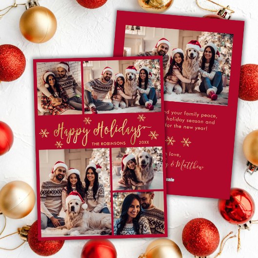 Sneeuwvlok Rood en Goud 5 Fotocollage Kerstmis Feestdagenkaart