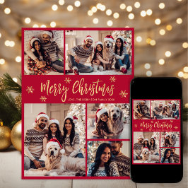 Sneeuwvlok Rood en Goud 5 Fotocollage Kerstmis Feestdagenkaart