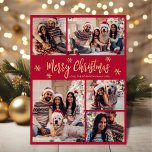 Sneeuwvlok Rood en Goud 5 Fotocollage Kerstmis Feestdagenkaart<br><div class="desc">Modern Eenvoudig Elegant Kalligrafie Rood en Goud Sneeuwvlok 5 Fotocollage Vrolijk Kerstmis Script Vakantie Kaart. Deze feestelijke, minimalistische, grillige vijf (5) foto vakantie wenskaart sjabloon beschikt over een grid fotocollage, wat sneeuwvlok en zegt "Vrolijk kerstfeest"! De begroetingstekst "Vrolijk kerstfeest" is geschreven in een prachtig met de hand geletterd penseellettertypescript in...</div>