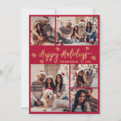 Sneeuwvlok Rood en Goud 5 Fotocollage Kerstmis Feestdagenkaart (Voorkant)