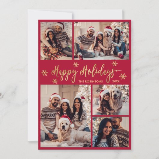 Sneeuwvlok Rood en Goud 5 Fotocollage Kerstmis Feestdagenkaart (Voorkant)
