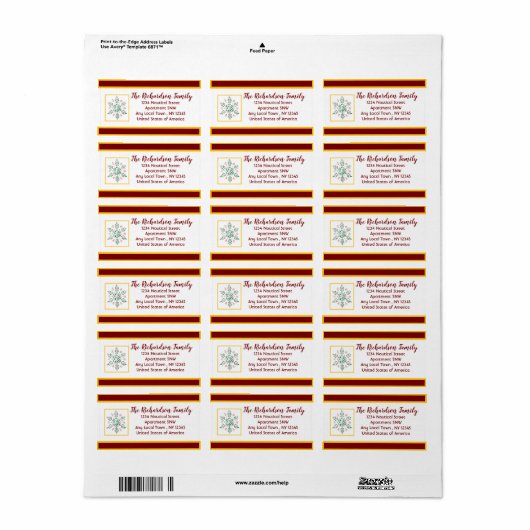 Sneeuwvlok Rood en Goud Holiday Kaart Label (Full Sheet)