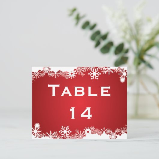 Sneeuwvlok rood wit winter trouwtafel nummer briefkaart (Staand voorkant)