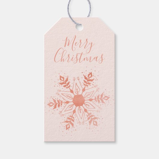 Sneeuwvlok Roos Goud en Roze Vrolijk kerstfeest Cadeaulabel (Voorkant)