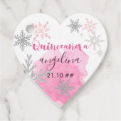 Sneeuwvlok Roze en Zilveren Quinceanera Bedankjes Labels (Voorkant)