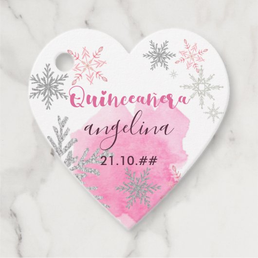 Sneeuwvlok Roze en Zilveren Quinceanera Bedankjes Labels (Voorkant)