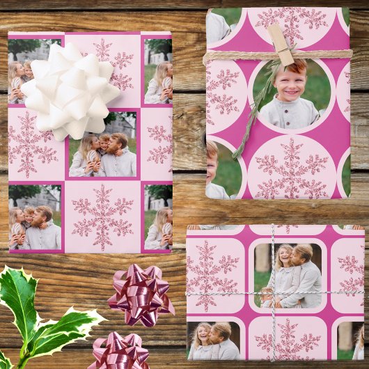 Sneeuwvlok Roze Glam Classic 3 Foto Kerstmis Inpakpapier Vel