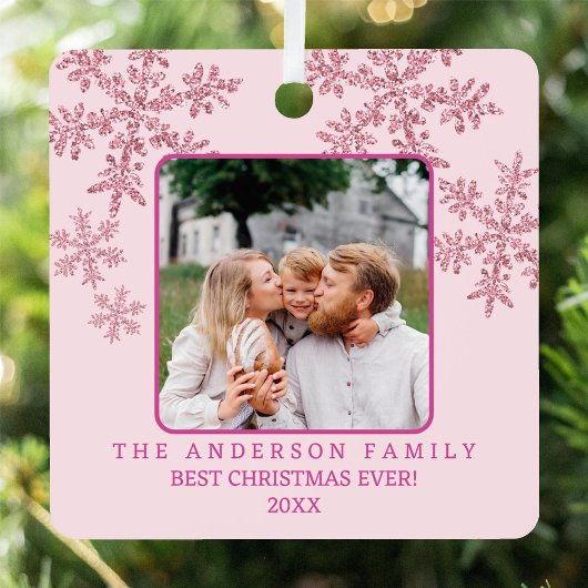 Sneeuwvlok Roze Glam Elegant 2 foto Kerstmis Metalen Ornament