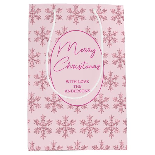 Sneeuwvlok Roze Glam Patroon Kerstmis Script Medium Cadeauzakje (Voorkant)
