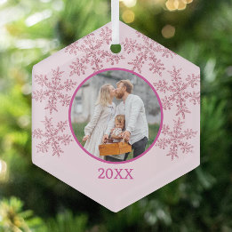 Sneeuwvlok Roze Glam Schattige Familie Foto Kerstm Glas Ornament