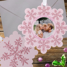Sneeuwvlok Roze Glam Schattige Familie Foto Kerstm Ornament Kaart