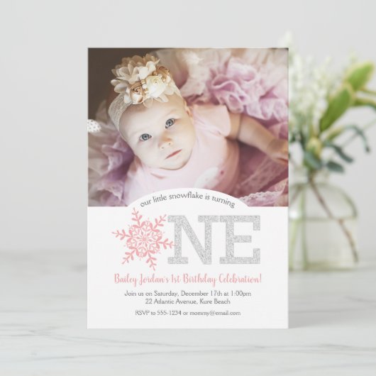 Sneeuwvlok Roze Zilveren Glitter 1e Verjaardag Fot Kaart (Staand voorkant)