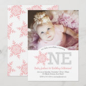 Sneeuwvlok Roze Zilveren Glitter 1e Verjaardag Fot Kaart (Voorkant / Achterkant)