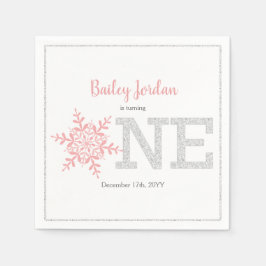 Sneeuwvlok Roze & Zilveren Glitter 1e verjaardag Servet