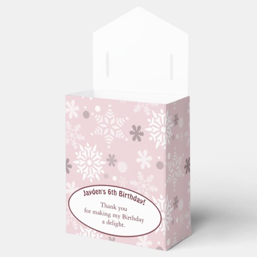 Sneeuwvlok-thema 6e verjaardagsfeestje lichtroze bedankdoosjes (Geopend)