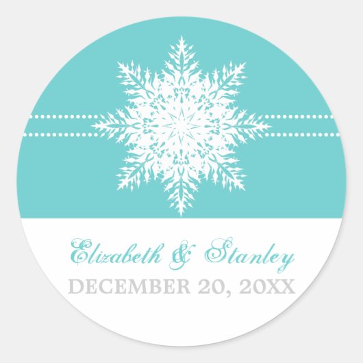 Sneeuwvlok turkoois winter bruiloft Save the Date Ronde Sticker (Voorkant)