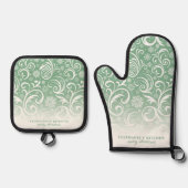 Sneeuwvlok wervelt op groene Schattigee aangepaste Ovenwant & Pannenlap Set (Voorkant)