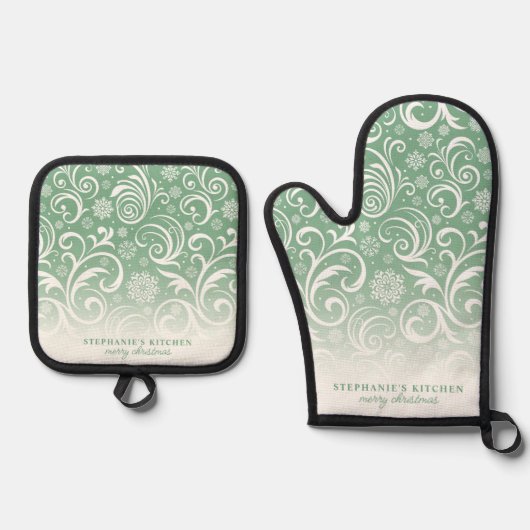 Sneeuwvlok wervelt op groene Schattigee aangepaste Ovenwant & Pannenlap Set (Voorkant)